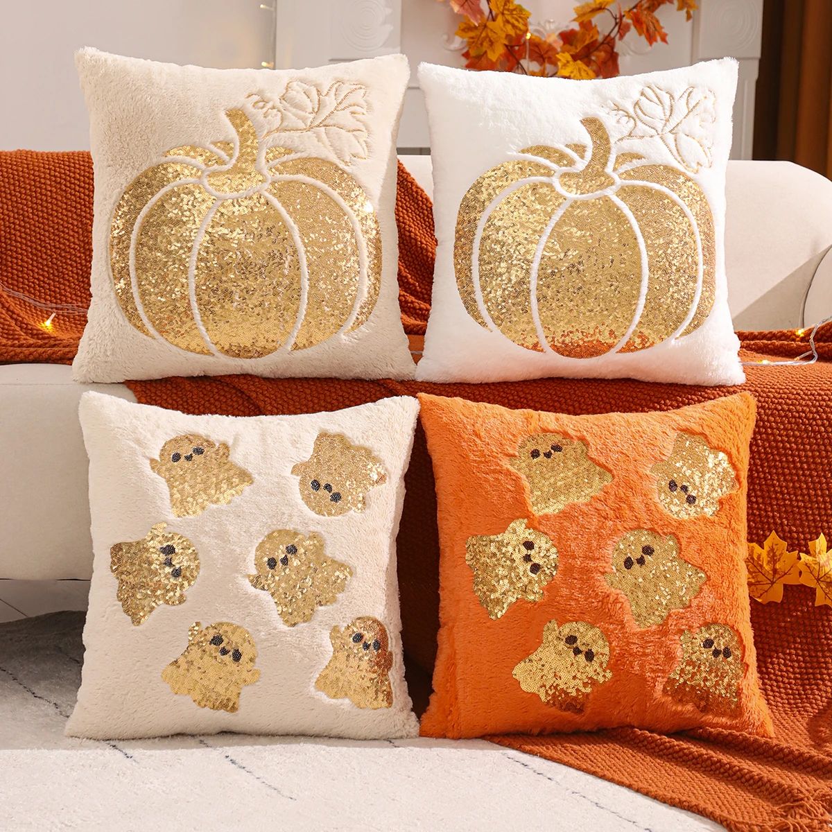 1 PC Halloween Decoration Throw Pillow Cover Pumpkin Gold Se