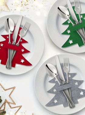12pcs, Christmas Tree Placemats, Felt Fork and Spoon Bag Set