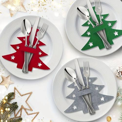 12pcs, Christmas Tree Placemats, Felt Fork and Spoon Bag Set