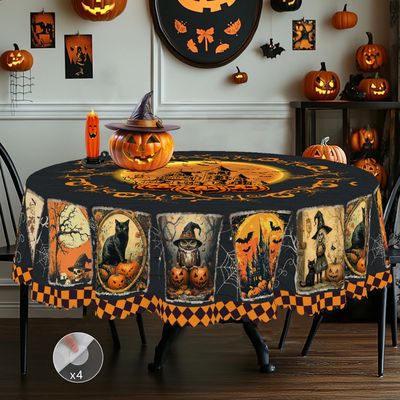 1 Halloween Themed Tablecloth, Black Cat, Pumpkin, Ghost, Ca