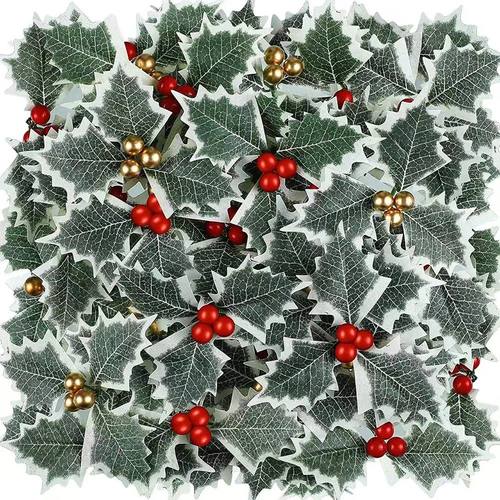 10Pcs Artificial Holly Berries Green Leaves for Christmas De