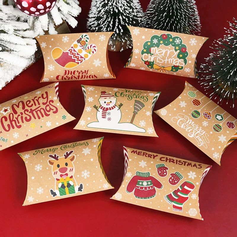 10pcs Christmas Pillow Shape Candy Box Kraft Paper Xmas Cook