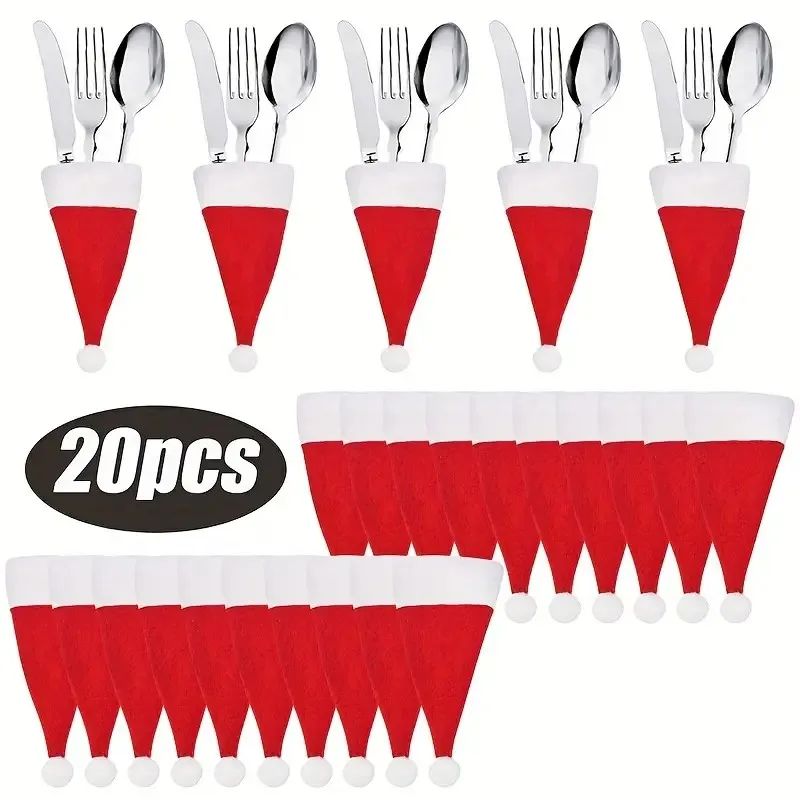 5/10/20Pcs Christmas Hat for Fork Knife Tableware Decoration