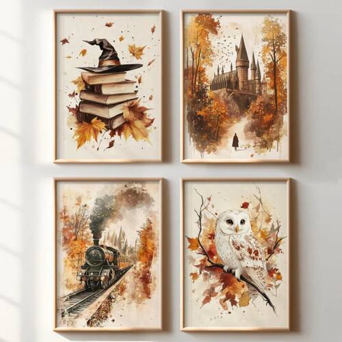 4pcs/set Autumn Leaves Canvas Prints Poster Retro Magic Book