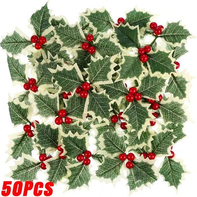 50/5Pcs Artificial Holly Berries With Green Leaves DIY Chris