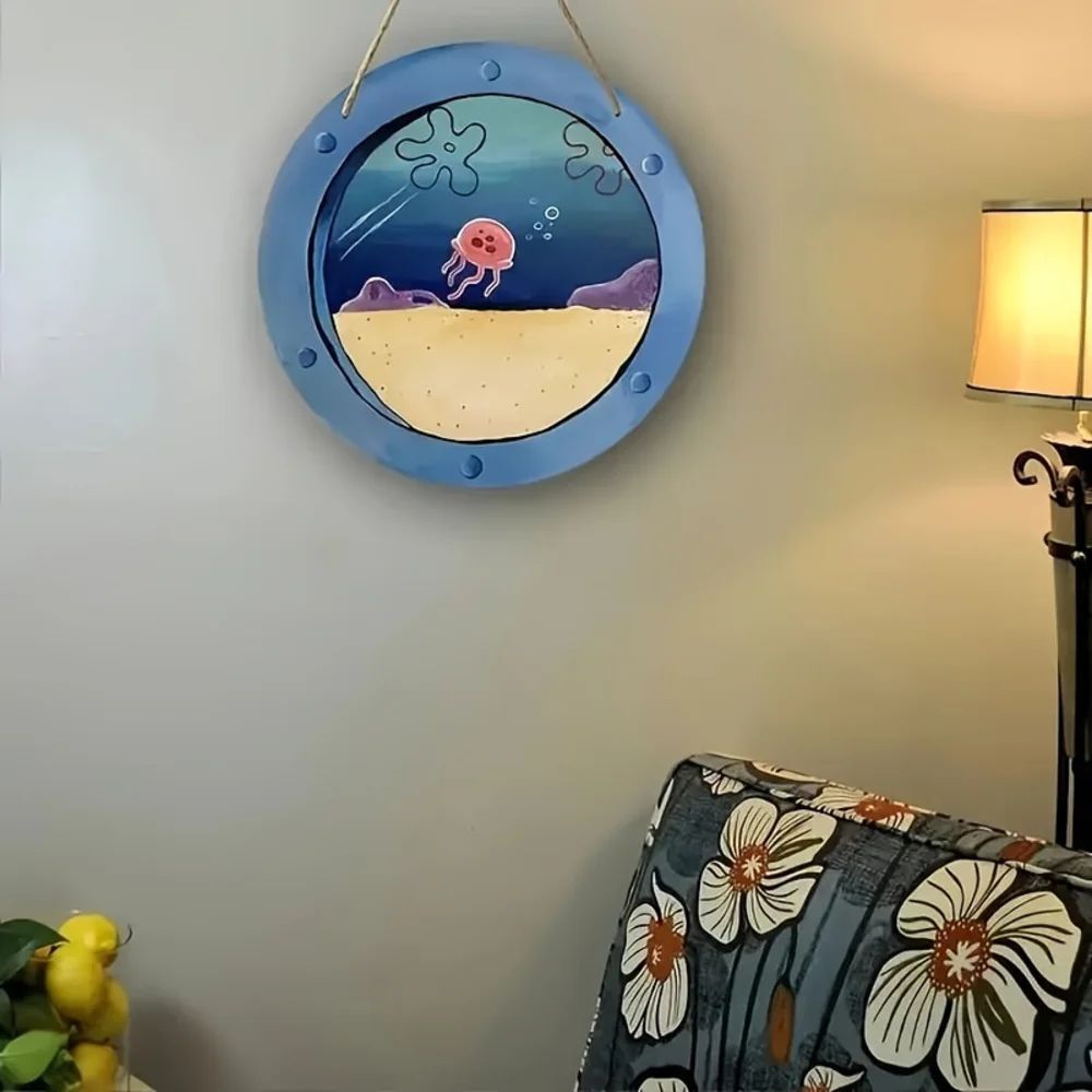 Charming Jellyfish Ocean Theme Wooden Signage -8 Inch Round