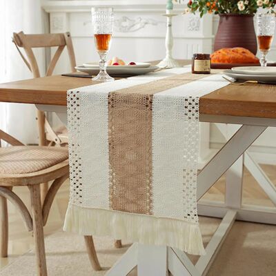 Boho Farmhouse Linen Table Runner–Rustic Macrame with Tasse