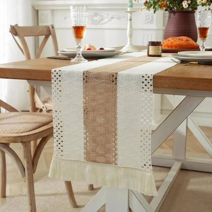 Boho Farmhouse Linen Table Runner–Rustic Macrame with Tasse