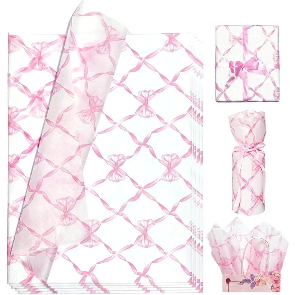 10 Sheets 20x14inch Pink Bow Tissue Paper, Cute Gift Wrappin