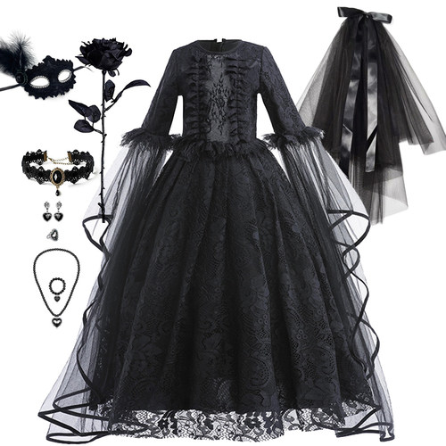 Halloween Ghost Bride Costume Kids Girl Dress Cosplay Black