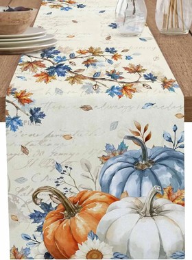 Fall Blue Orange Pumpk Linen Table Runner Thanksgiving Decor