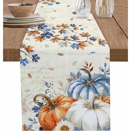Fall Blue Orange Pumpk Linen Table Runner Thanksgiving Decor