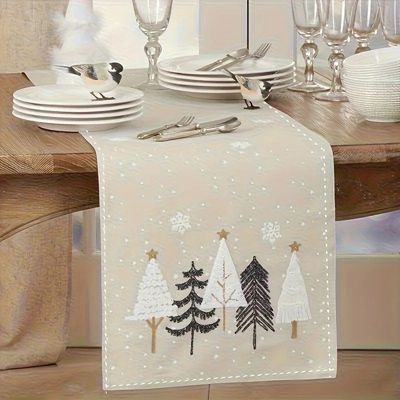 Christmas Table Runner - Beige and brown winter scene with p