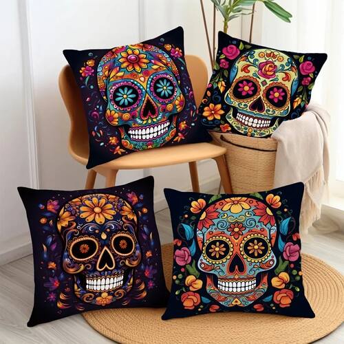 Spooky Halloween Pillow Covers 45x45cm - Colorful Sugar Skul