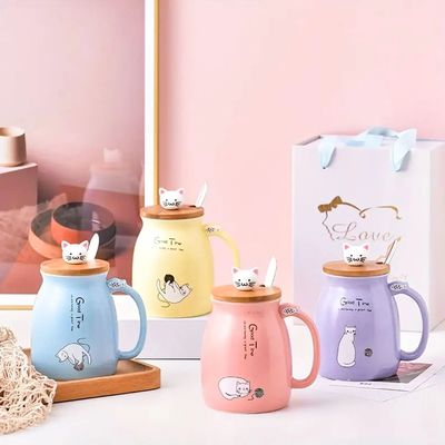 Kawaii Tea Cup Cute Cat Ceramic Coffee Mug with Kitty Lid an