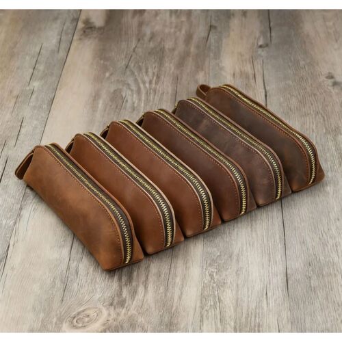 Vintage Coffee Leather Zipper Pencil Pen Pouch Bag - Small T