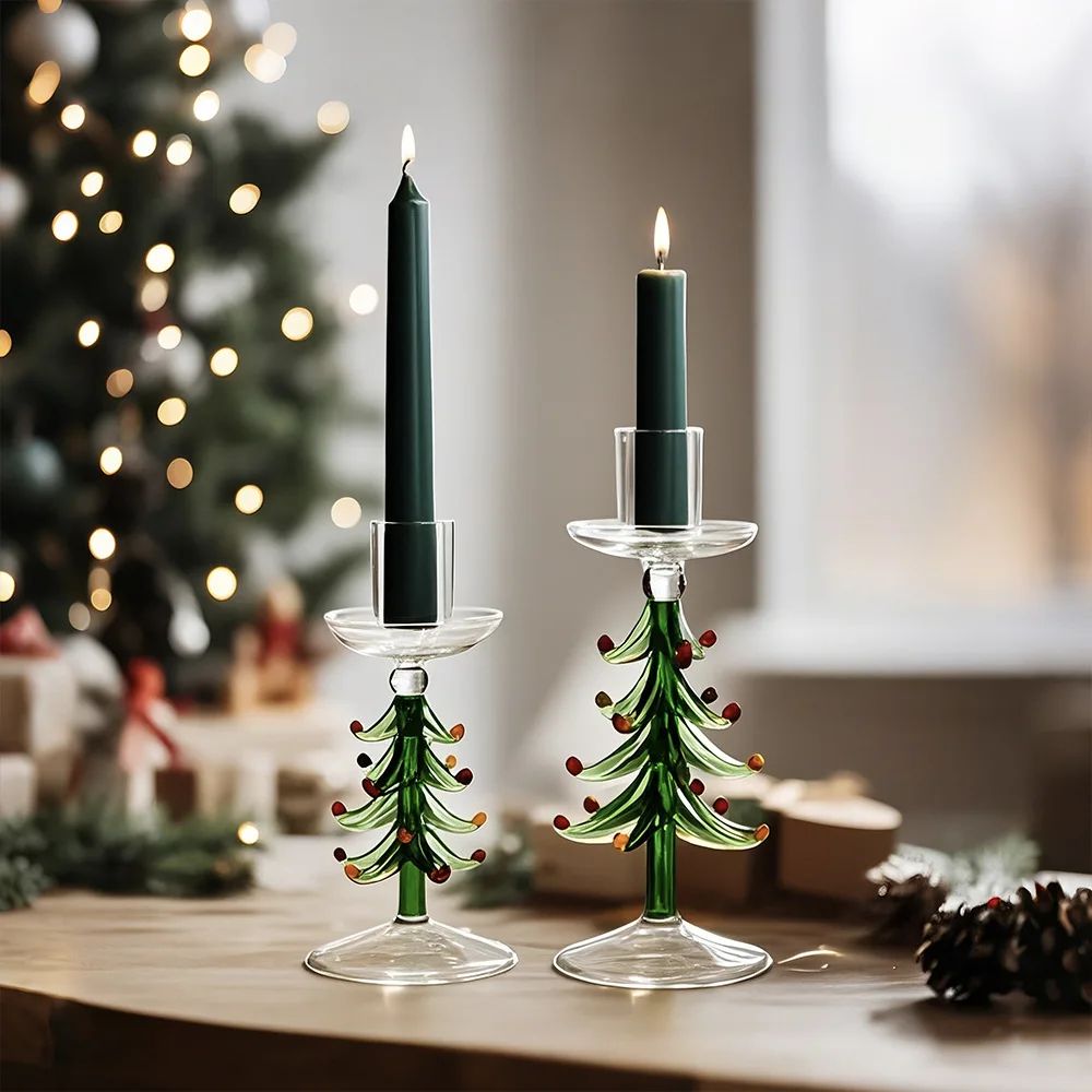 Nordic Christmas Trees Candle Stick Holder Tabletop Glass Bo