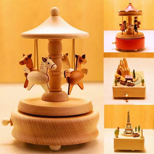 Wooden Carousel Music Box Ornaments Rotatable Hand-cranked M