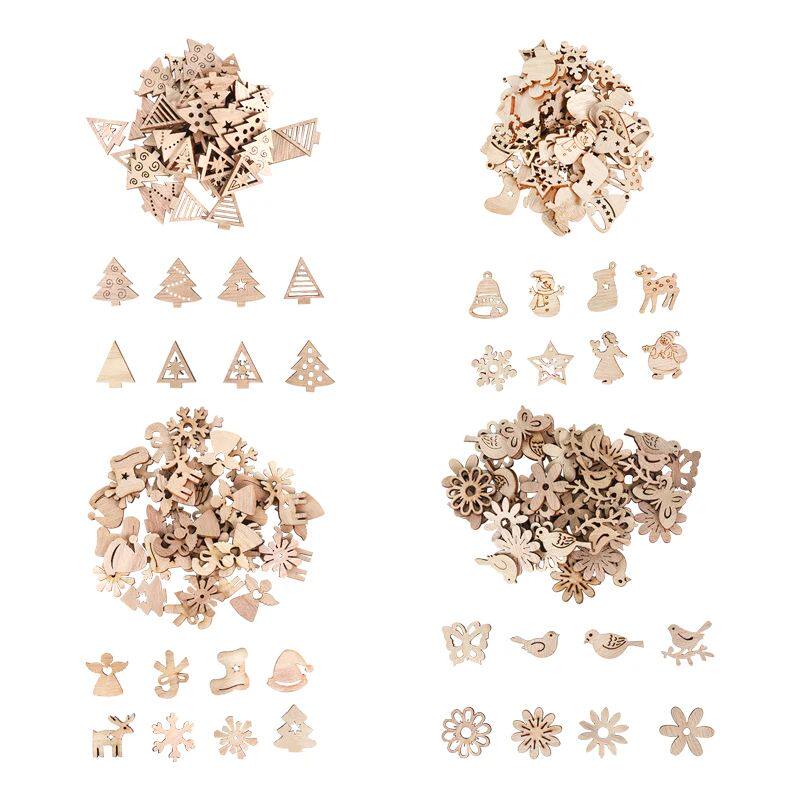 50/100pcs Christmas Natural Wooden Chip Santa Snowman DIY Wo