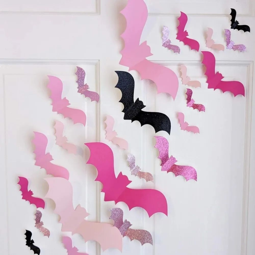 32PCS 3D Pink Bats Halloween Decoration PVC Pastel Halloween