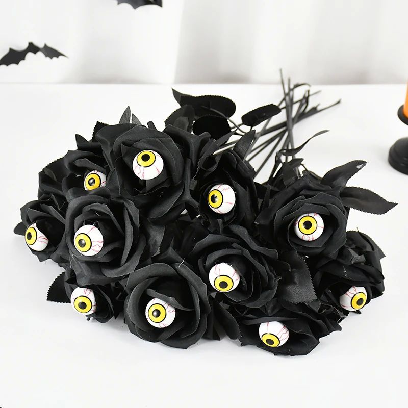 1/5Pcs Halloween Flowers Artificial Black Rose With Eyeball