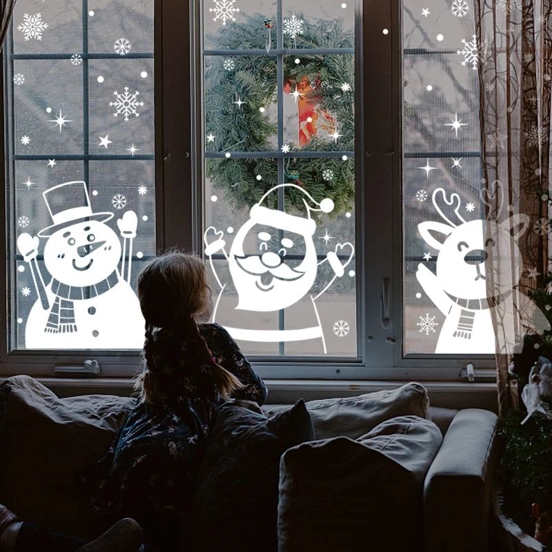 1Set Santa Claus Snowman Elk Window Stickers Snowflake Elect