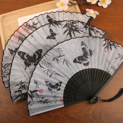 Vintage Silk Folding Hand Fan Chinese Bamboo Dance Fan Retro