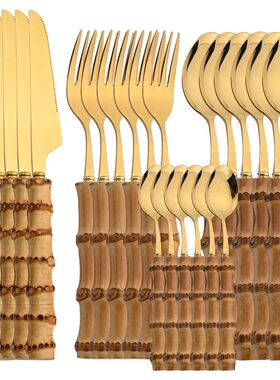 24Pcs Bamboo Tableware Sets Stainless Steel Bamboo Cutlery S