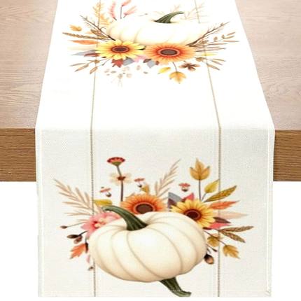 1 Piece of Autumn-Themed Table Runner Featuring White Pumpk,