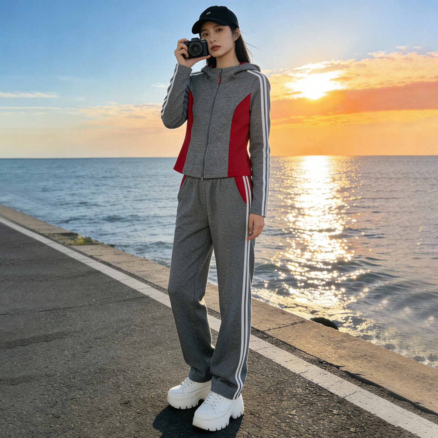 时尚休闲运动套装女春新款修撞色拼接连帽开衫卫衣阔腿长裤两件套