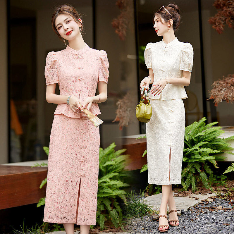 吾爱衣2332款新中式两件套女夏季蕾丝盘扣洋气减龄遮肉套装裙