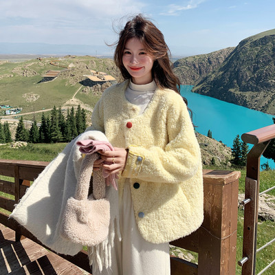 现货 7317小鸡黄袖口花边彩色扣羊羔毛外套P195控298