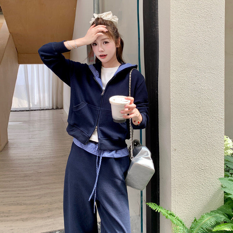 【爆款现货】设计款蓝色拼格子运动套装088-7753 P185 K258