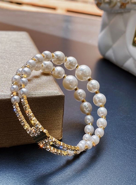 网红名媛珍珠手链女ins小众设计手镯开口超仙气质闺蜜手饰品女