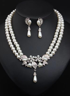 新款复古双层珍珠项链新娘婚纱礼服配饰优雅choker锁骨链耳环套装