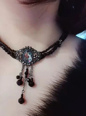 暗黑系宫廷风黑色串珠流苏项链优雅气质复古水晶choker颈链锁骨链