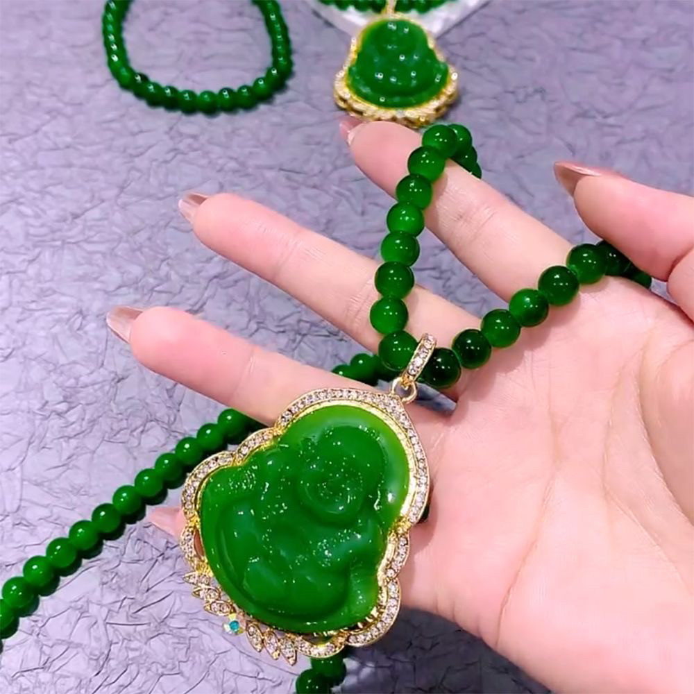 仿翡翠绿色笑口常开弥勒佛项链女时尚爆款显白毛衣链长款佛祖饰品