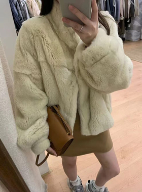 韩系冬新款高品质整皮兔毛小个子皮草外套女立领短款保暖皮毛一体