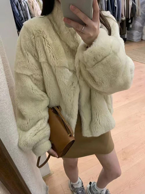 韩系冬新款高品质整皮兔毛小个子皮草外套女立领短款保暖皮毛一体