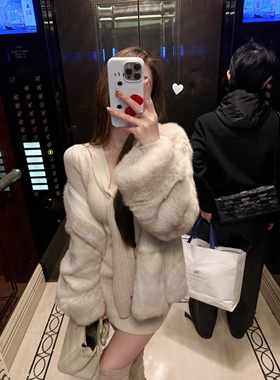 韩系温柔气质兔 冬新款100%真兔毛皮草加厚翻袖皮毛一体中长外套