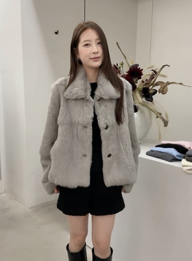 韩系中古兔貂皮皮草外套2025冬季新款高级感皮毛一体毛毛短上衣女
