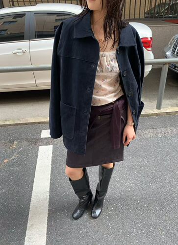 韩系复古翻领麂皮绒外套女秋新款宽松休闲百搭单排扣老钱夹克上衣