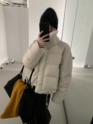 韩系高品质立领短款羽绒服女新款羊羔毛拼接设计感面包服保暖外套