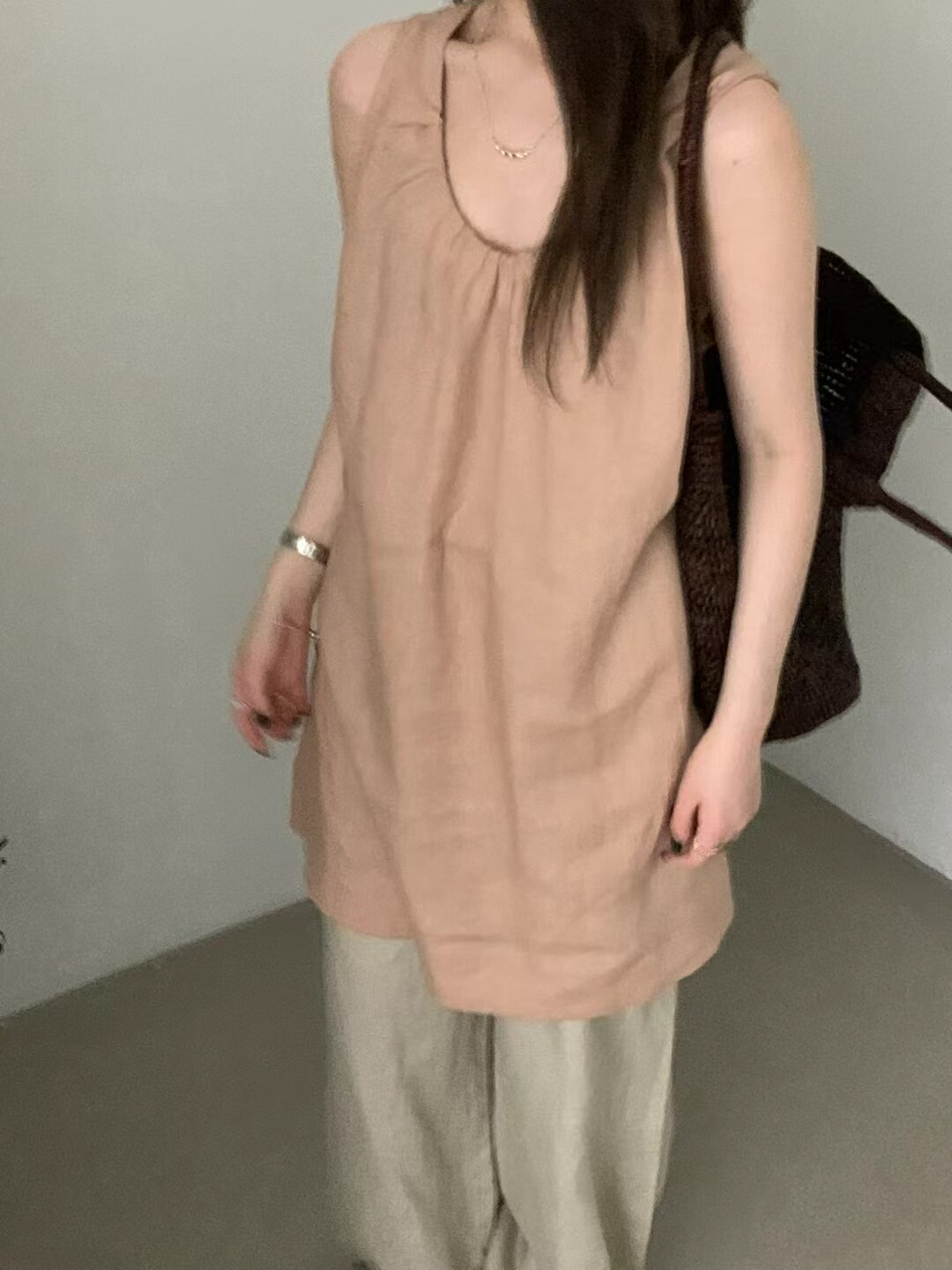 韩系简约V领亚麻无袖背心裙女夏连衣裙