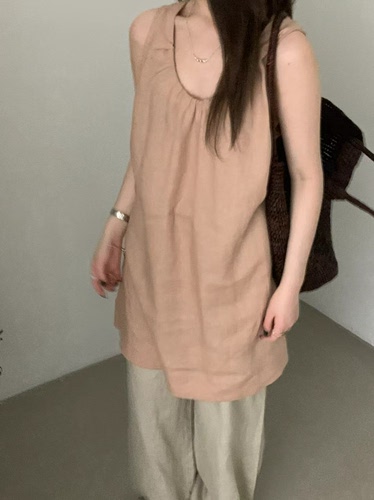 韩系简约V领亚麻无袖背心裙女夏宽松显瘦中长款连衣裙松弛感上衣