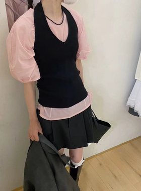 韩系26春夏新款泡泡袖衬衫女+黑色V领挂脖针织衫设计感小众两件套