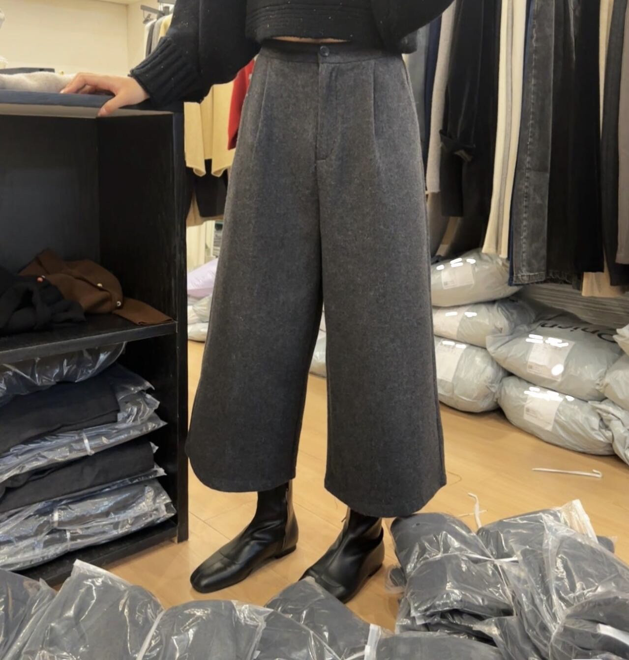 韩系高腰显瘦百搭羊毛呢半松紧腰阔腿裤休闲八分裤子2024秋冬新款