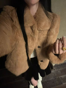 韩系名利场定染中古兔毛皮草外套女翻领短款高级感皮毛一体上衣冬