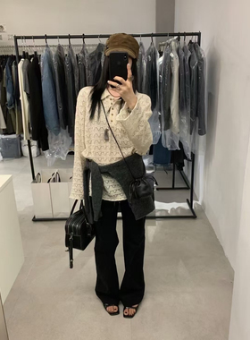 韩系秋新款复古慵懒风百搭polo领镂空针织衫长袖上衣女Fever同款
