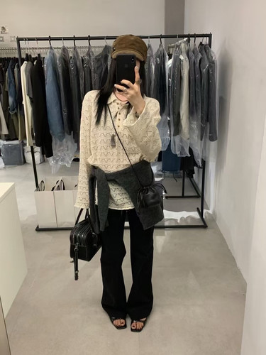 韩系秋新款复古慵懒风百搭polo领镂空针织衫长袖上衣女Fever同款